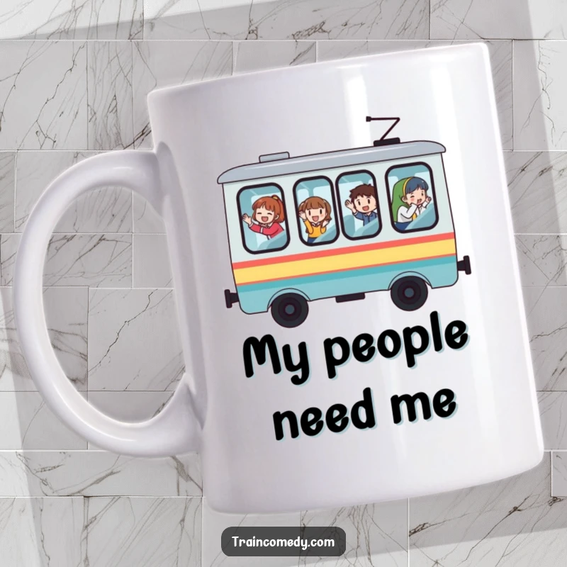 Funny train mug with oversized windows, passengers joyfully waving hello, showcasing a playful and engaging travel adventure.
