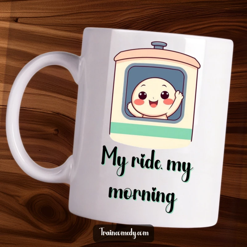 Funny, cheerful, round character with a wide smile waving from the window of a stylized train, featured on a delightful ceramic mug.