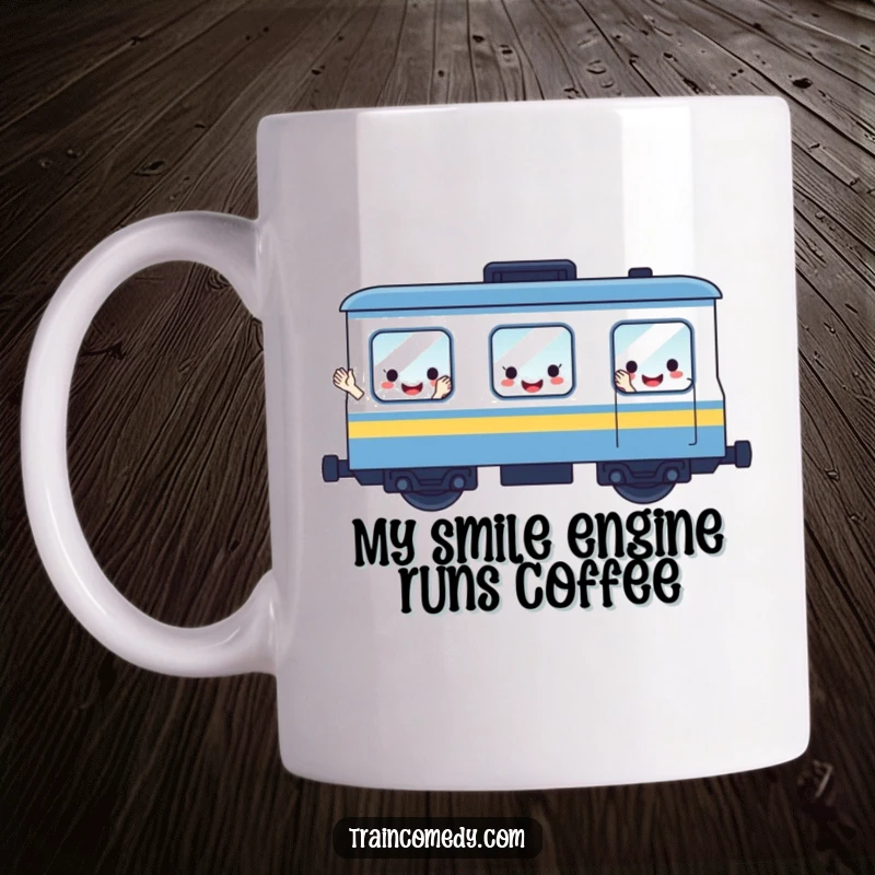 Funny mug featuring a cute, cheerful train car with smiling face windows waving hello happily on a sunny railroad track.