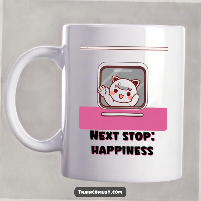 Funny Mug: Cute Kawaii character playfully waves from a train window, radiating joy and friendship, perfect funny gift.