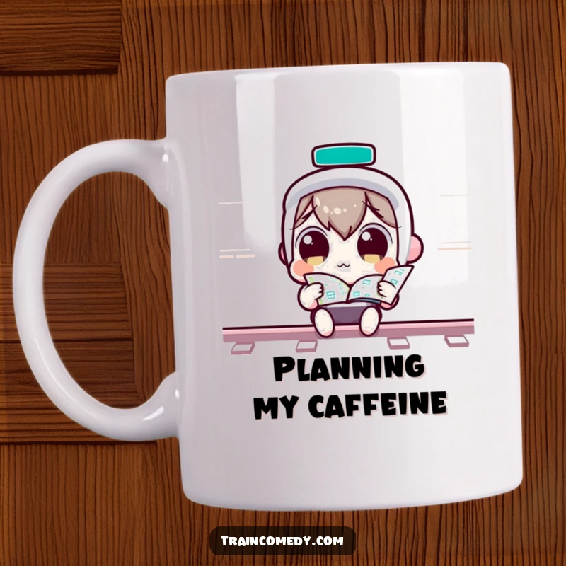 Funny Mug: Wide-eyed Kawaii character curiously studying a train map, full of wonder, a perfect funny gift.