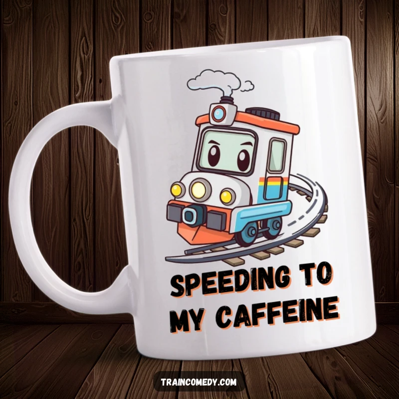 Funny kawaii train character with a determined expression speeding around a sharp bend, conveying speed and focus.