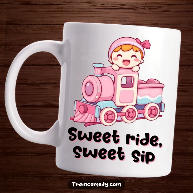 Funny mug with a joyful character balancing precariously on the roof of a moving train car made entirely of colorful candy.