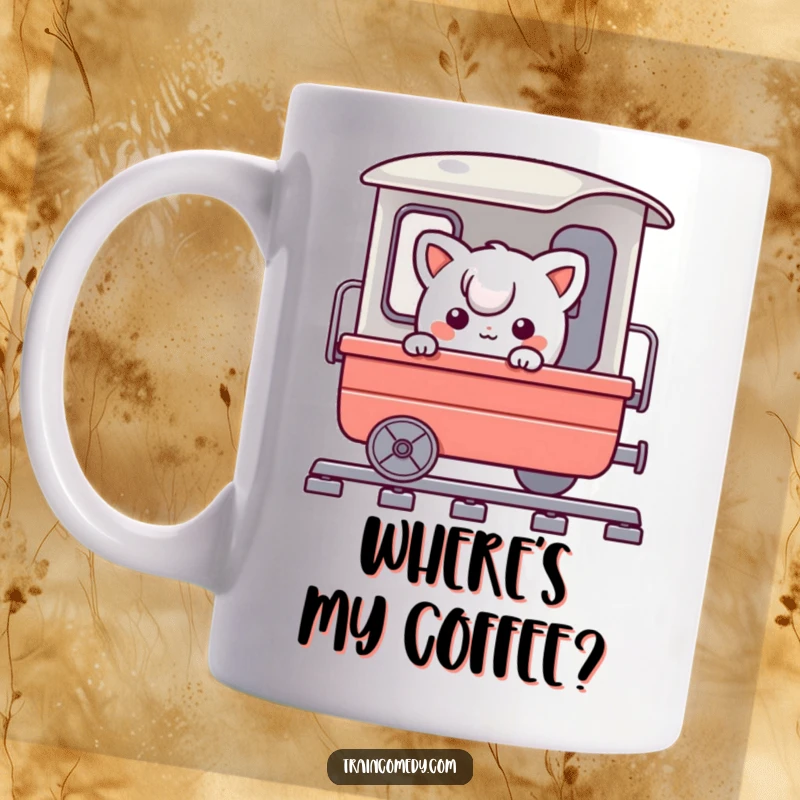 Funny mug featuring a playful character comically peeking around the corner of a vintage train cart, evoking curiosity and fun.