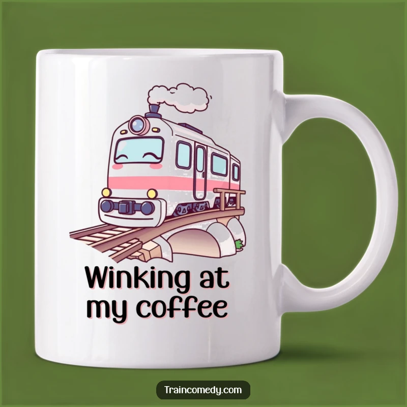 Funny Kawaii Train Mug: Winking Bridge Journey, Perfect Funny Gift for Playful Rides!