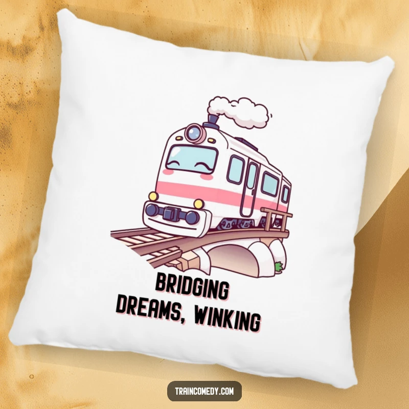 Funny Kawaii Train Pillow: A kawaii train winks playfully as it crosses a bridge, designed for comfort and humor.