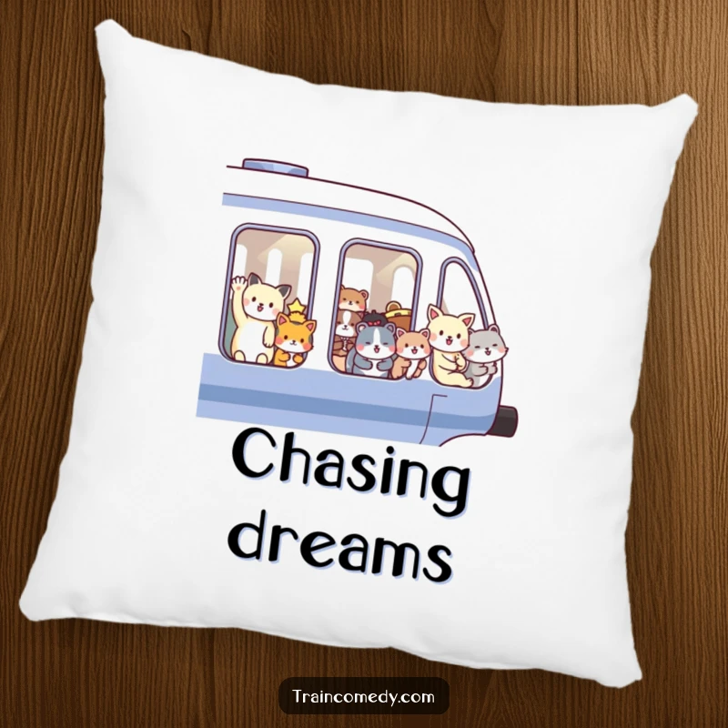 Funny pillow featuring adorable animals waving from train windows, providing comfort and a humorous touch to any living space. Soft and decorative.
