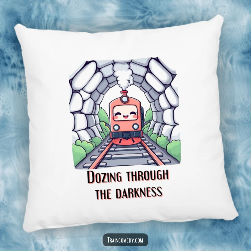Funny Kawaii Train Pillow: A giggling kawaii train character is about to enter a tunnel, offering comfort.