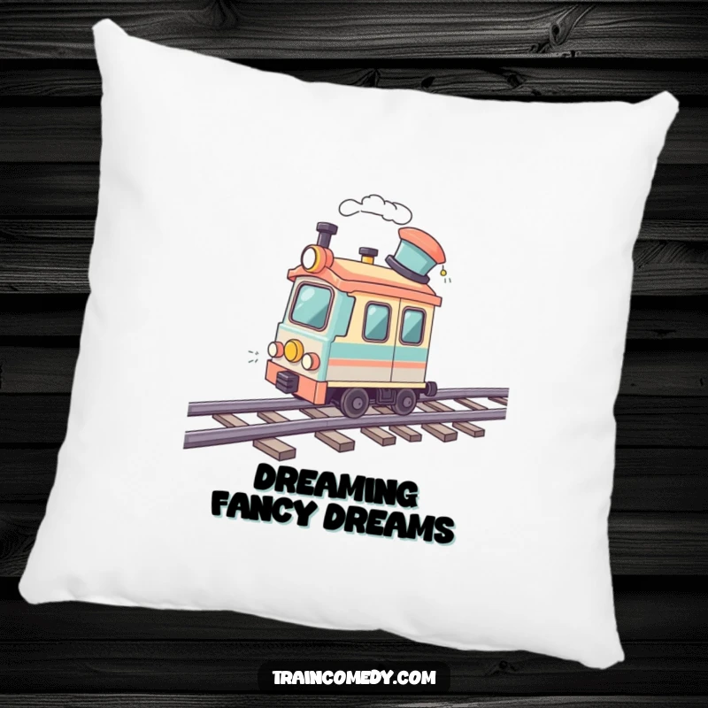 Funny decorative pillow showing a train car with a jaunty hat speeding on a wavy track. Soft, comfortable, and amusing.