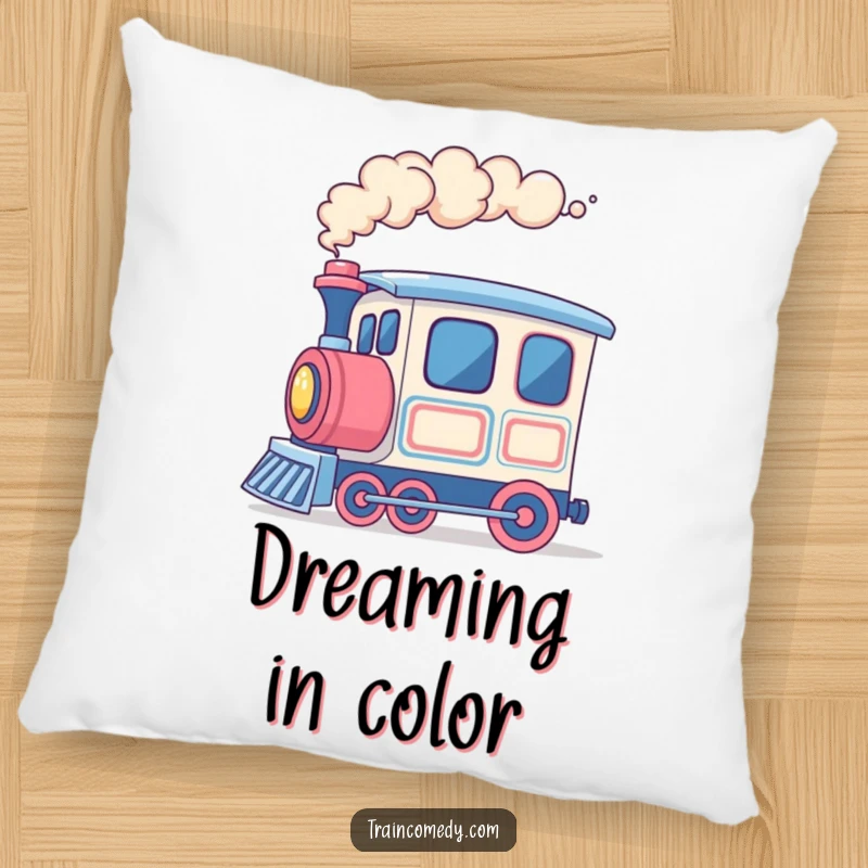 Funny train pillow, cheerful train car blowing colorful smoke rings, providing comfort and a touch of artistic fun.