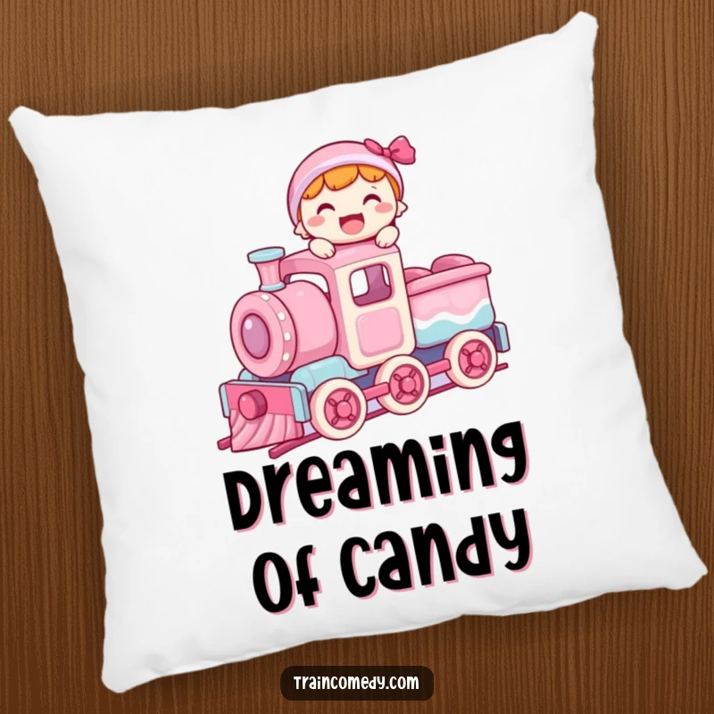 Funny decorative pillow showing a joyful character balancing on the roof of a moving candy train car, embodying pure happiness.