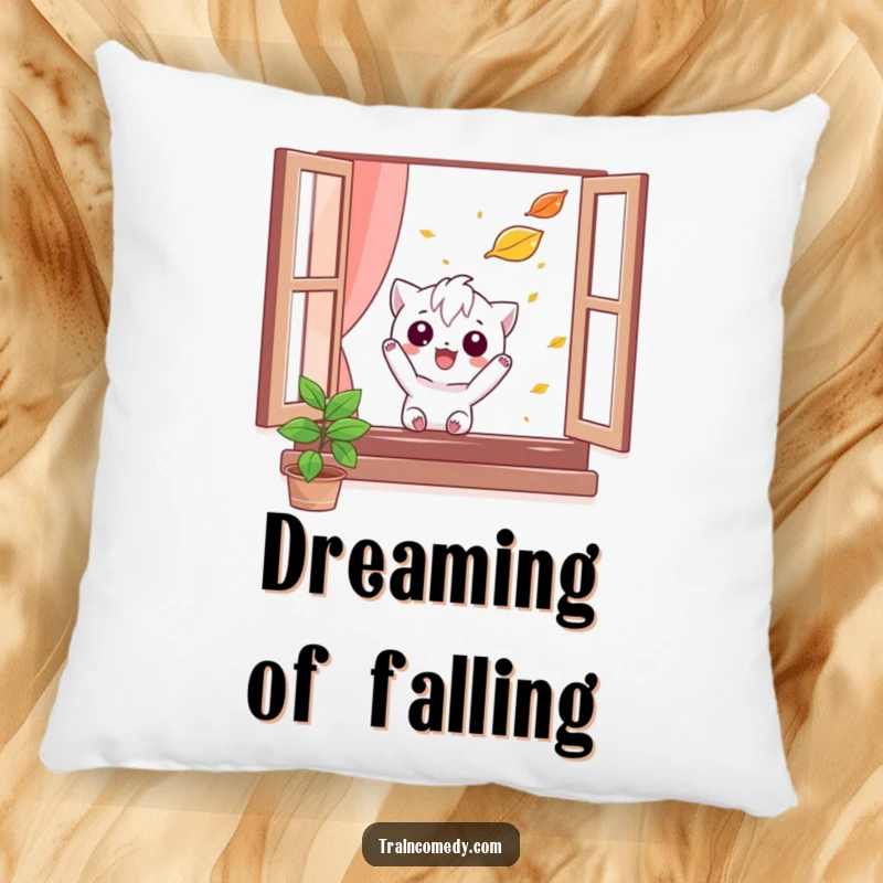 Funny pillow featuring a mischievous character comically trying to catch a falling leaf from a window, providing comfort and whimsical autumn vibes.