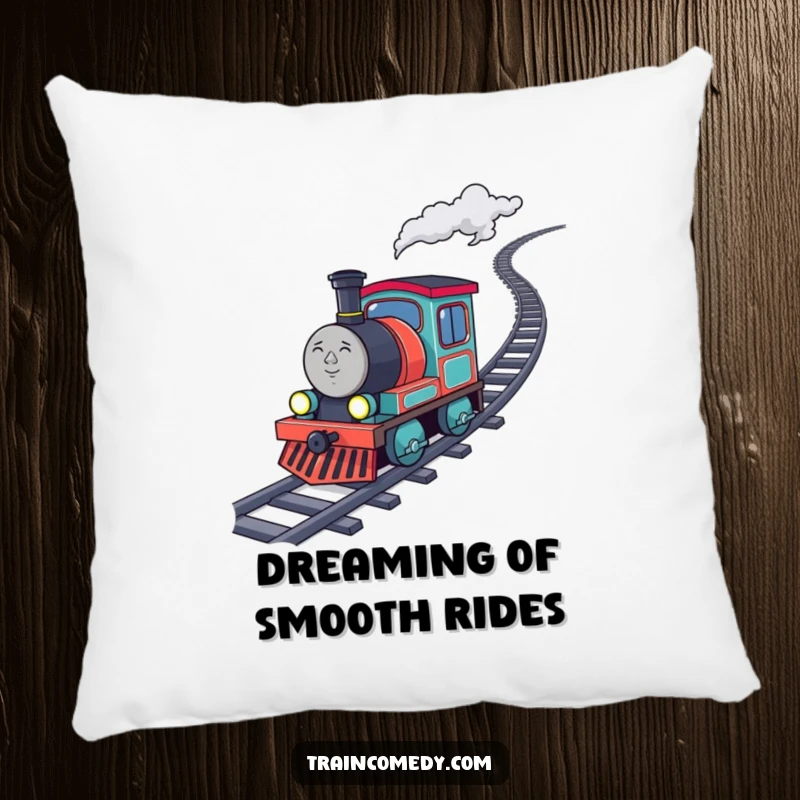 Funny determined train character chugging uphill with sparkling coal, featured on a comfortable and inspiring decorative pillow.