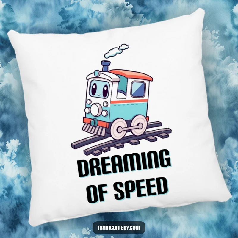 Funny playful train character doing a cartwheel on tracks, perfect for adding cozy and humorous playful vibes, a delightful pillow.