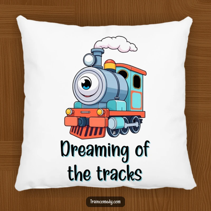 Funny Train Engine Pillow: A happy train engine puffs steam with excitement, bringing comfort and a touch of cheerful humor.