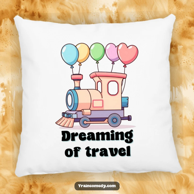 Funny pillow featuring a whimsical train with balloons, ready for an imaginative adventure.