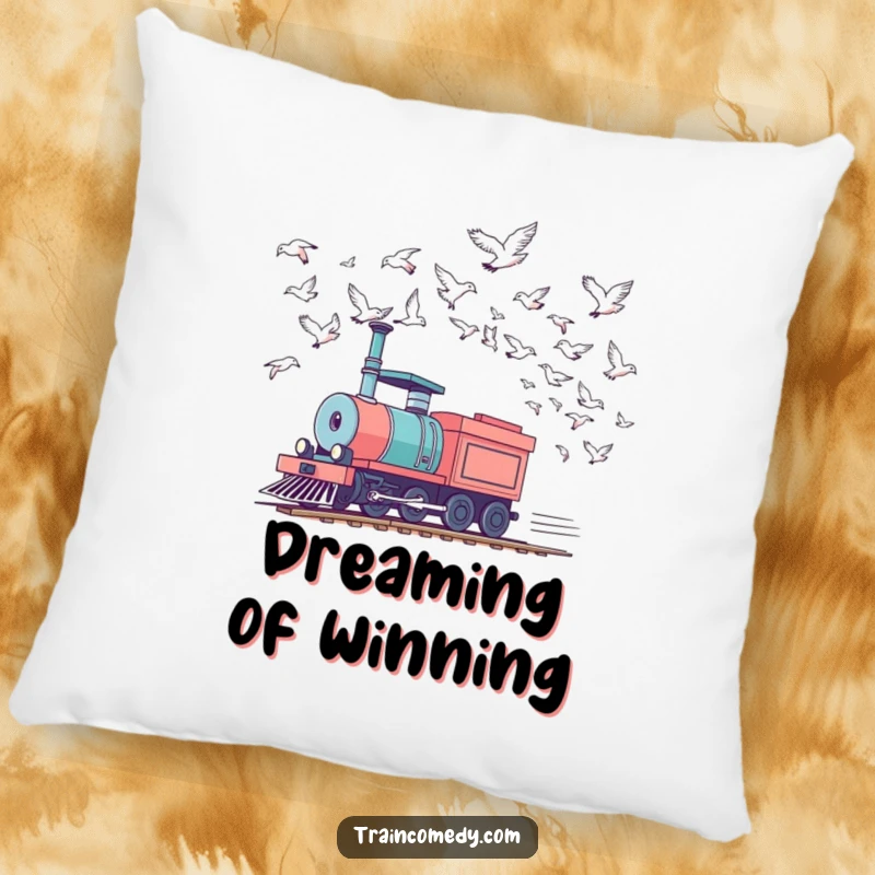 Funny train pillow featuring a locomotive playfully racing birds in the sky, offering humorous comfort and a touch of energetic decor.