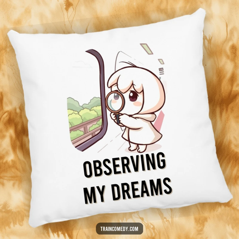 Funny decorative pillow showing a curious character using a magnifying glass on a train window, observing the passing world.