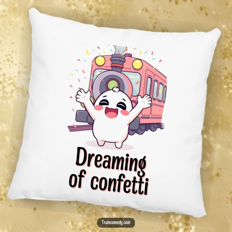 Funny decorative pillow with a character raising arms in excitement, confetti falling from a train whistle, a cozy scene of pure happiness.