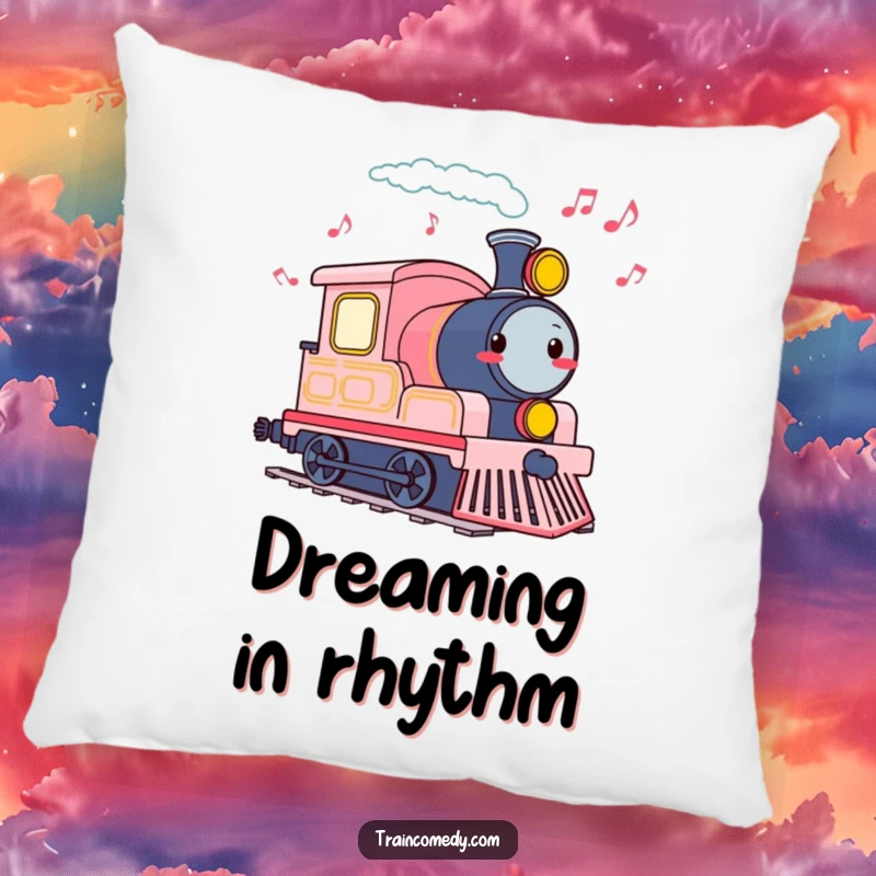 Funny pillow featuring a cheerful train engine tooting, leaving a trail of musical notes.