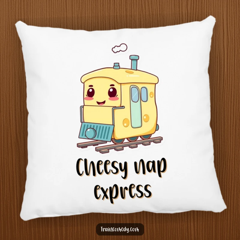 Funny pillow featuring a train carriage humorously crafted as a giant, smiling cheese, bringing cozy and humorous vibes.