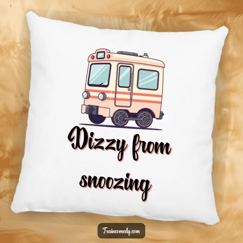 Funny decorative pillow featuring a dizzy train car with wheels in a blur. Soft, comfortable, and humorously chaotic.