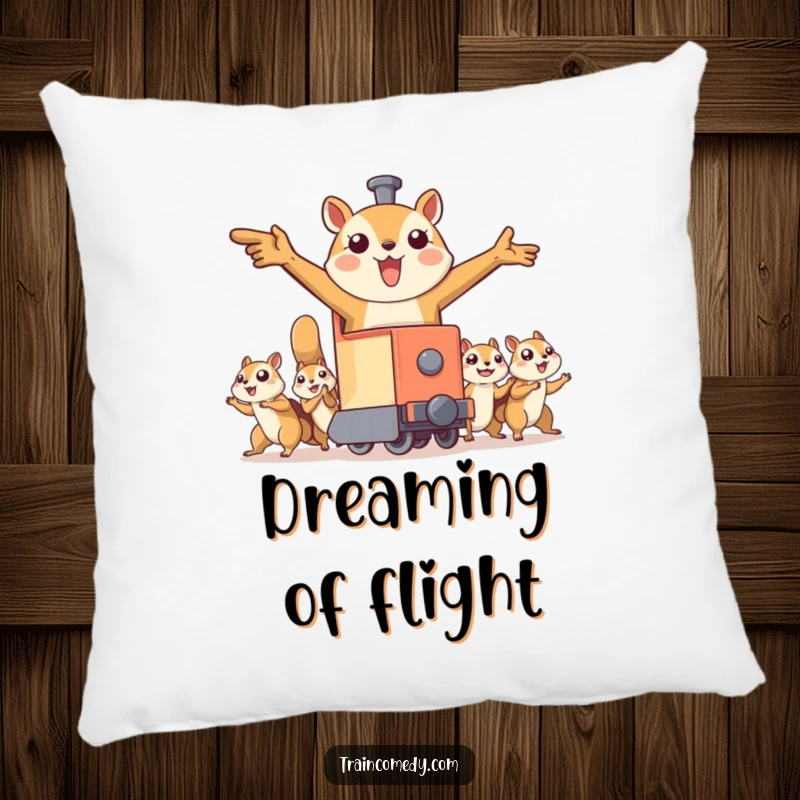 Funny pillow featuring a train character with outstretched arms being pulled by flying squirrels, adding a touch of cozy adventure and whimsical charm.