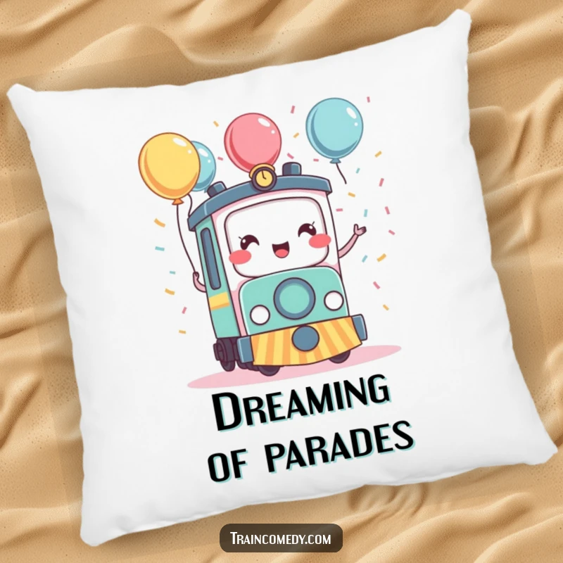 Funny kawaii train character celebrating with confetti and balloons, providing comfort and festive cheer on this plush pillow.