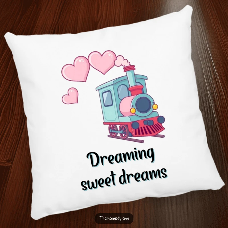 Funny pillow featuring a Kawaii train car with smoke shaped like hearts trailing behind, adding cozy charm.