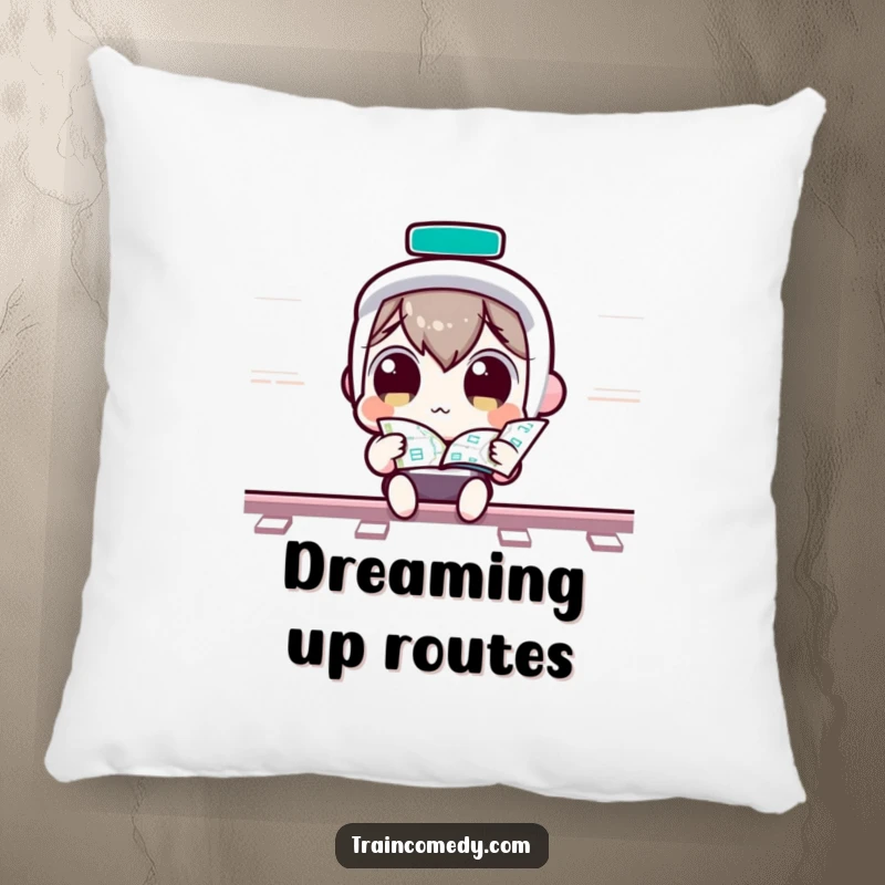 Funny Pillow: Cute Kawaii character with wide eyes looking at a train map, perfect for cozy contemplation, a funny gift.
