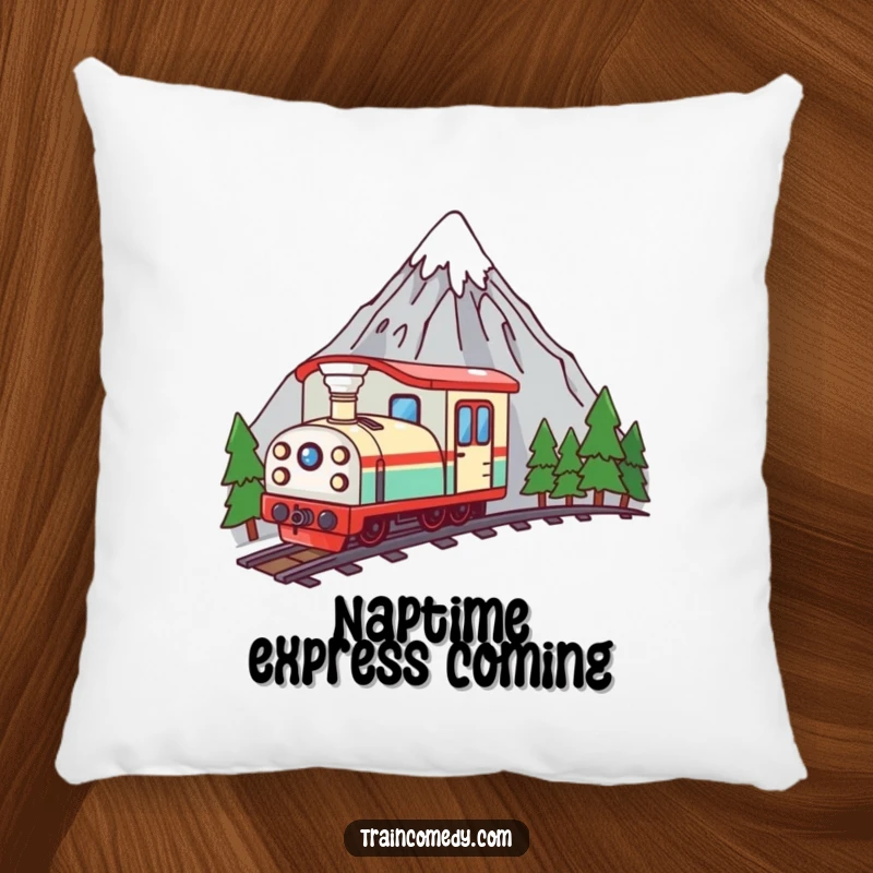Funny kawaii train peeking over a mountain, designed for ultimate comfort and a touch of playful charm on this decorative pillow.