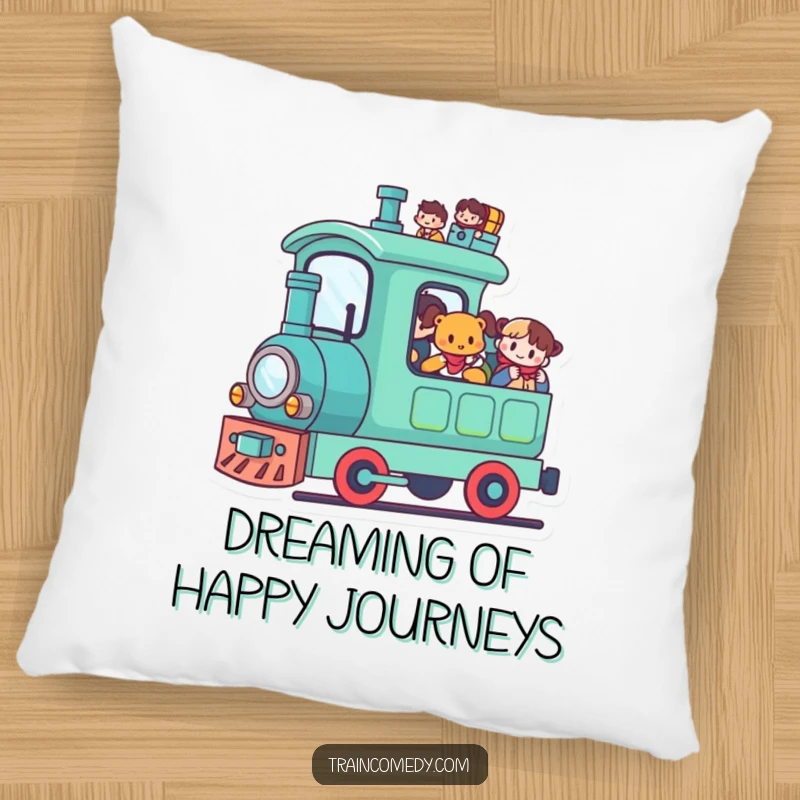 Funny Kawaii Train Pillow: A cute kawaii train carries happy passengers, designed for comfort and humor.