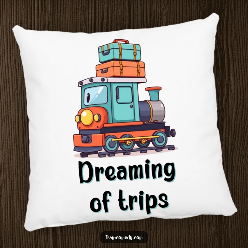 Funny pillow featuring a playful train character precariously balancing a stack of tiny suitcases on its roof, offering cozy travel humor.