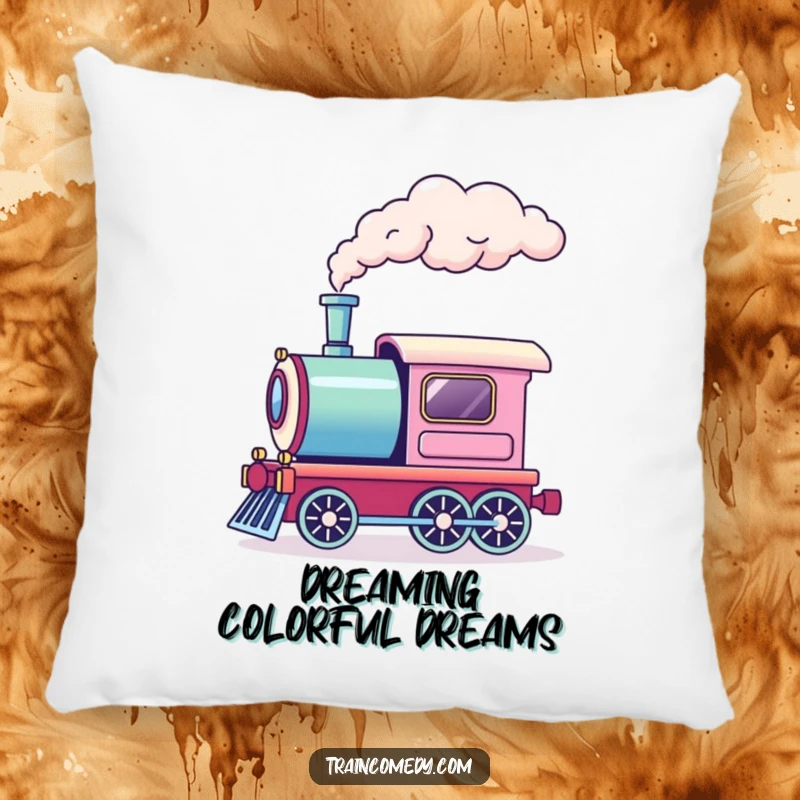 Funny decorative pillow showcasing a train engine with a puff of rainbow smoke. Soft, colorful, and whimsical.