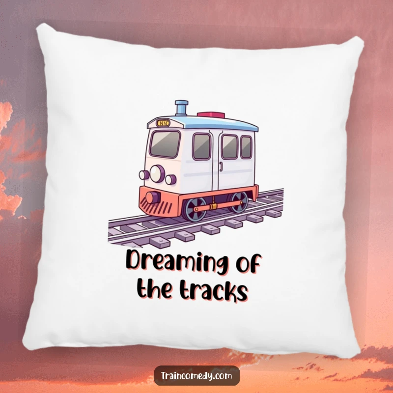 Funny pillow with a graphic of a little train car whose wheels are a blur of motion on railroad tracks.