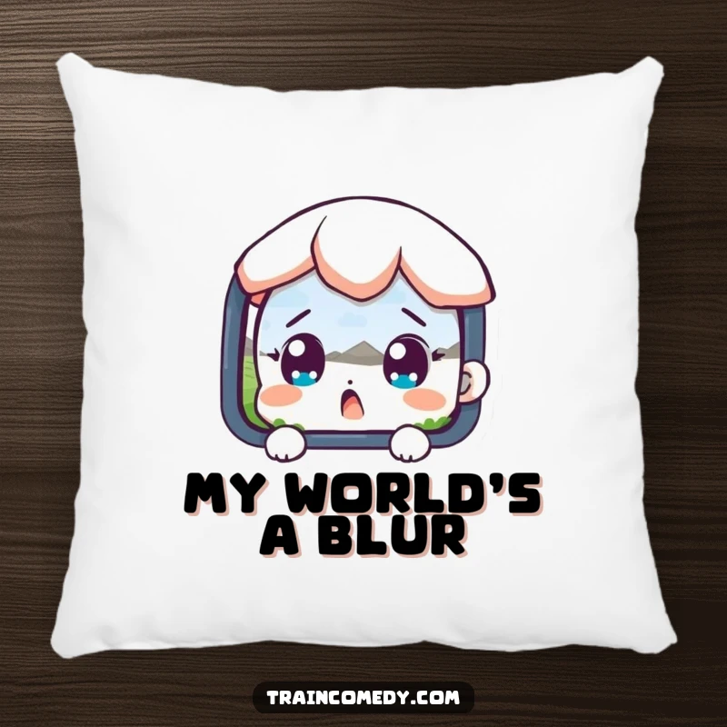 Funny, soft pillow featuring a surprised character with wide eyes looking at a passing landscape, offering comfort and humor.