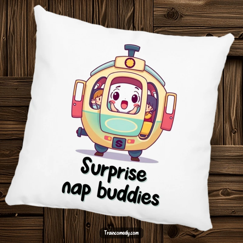 Funny pillow featuring a surprised, round train car, doors open, showcasing a lively group of colorful passengers, perfect for a cozy, humorous touch.