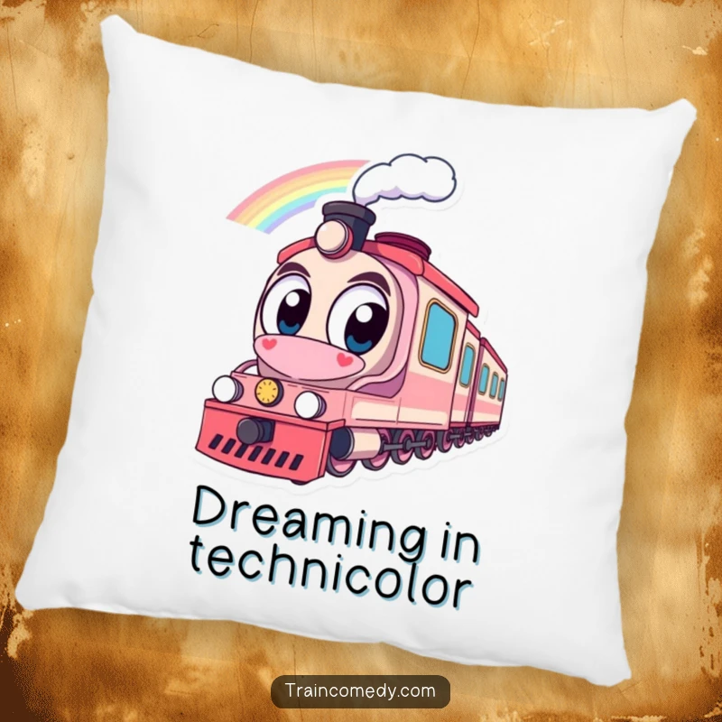 Funny pillow showcasing a train with large eyes admiring a colorful rainbow, adding a touch of gentle humor and comfort to any room.