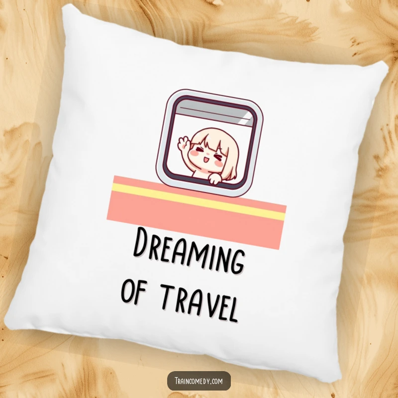 Funny pillow showcasing a cute character comically waving from inside a stylized train window, looking happy.