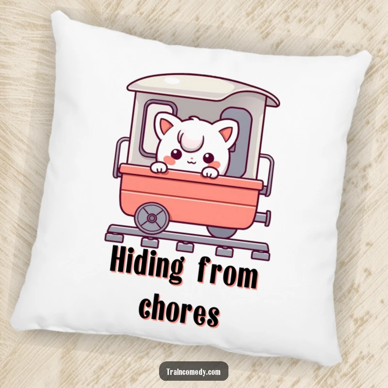 Funny pillow featuring a playful character comically peeking around a train cart, providing comfort and a hint of travel humor.