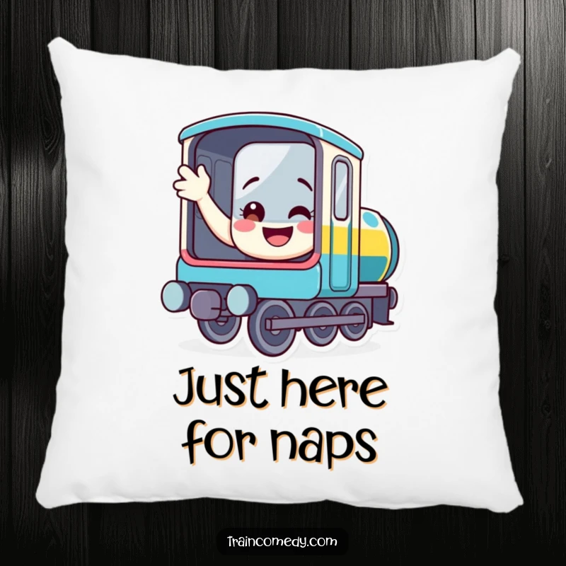 Funny train pillow with a smiling, welcoming locomotive waving from its open window, offering humorous comfort and decorative flair.