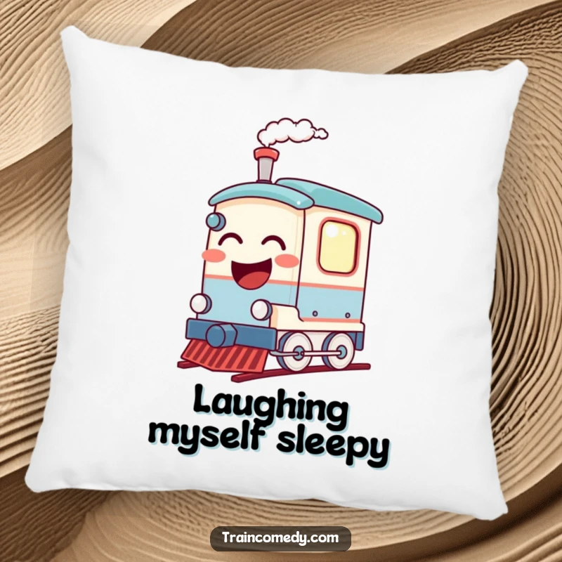Funny decorative pillow showcasing a train car in a fit of laughter, steam puffing out in a comical display. Soft and humorous.