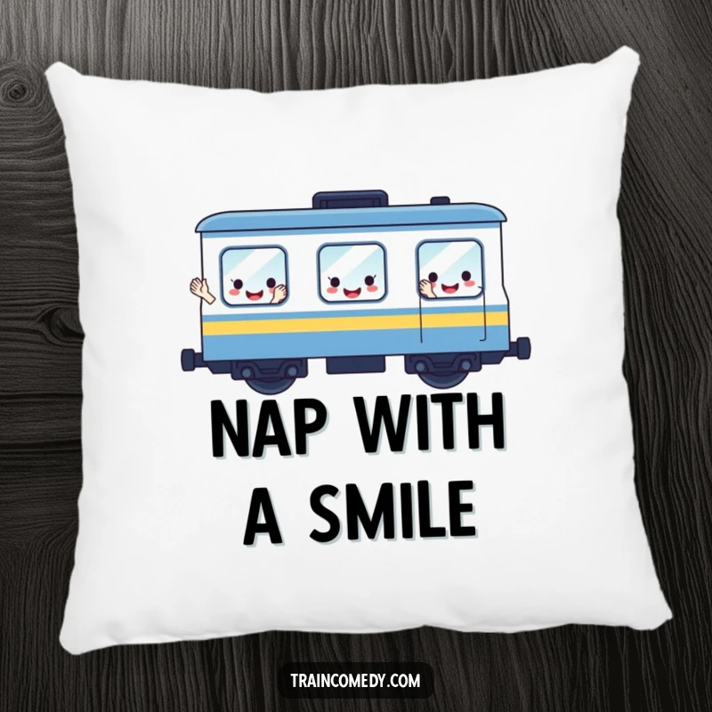 Funny pillow displaying a cute, smiling train car character actively waving with its window-shaped faces, ideal for cheerful home decor.