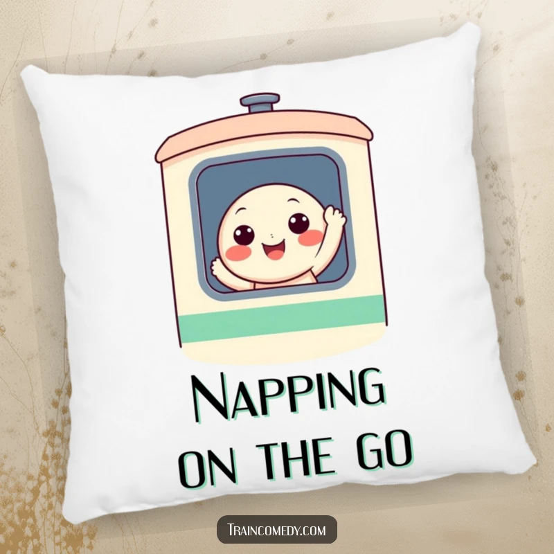 Soft pillow featuring a cheerful, smiling character waving from a stylized train window, adding comfort and a happy vibe to any room.