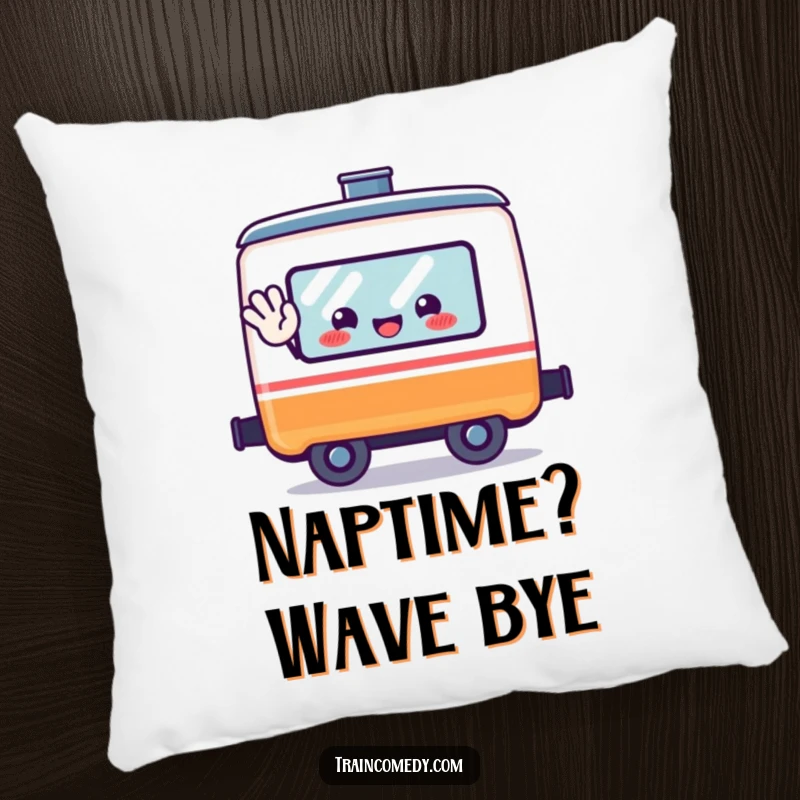 Funny kawaii train car character waving from a window, designed as a comfortable and happy pillow.