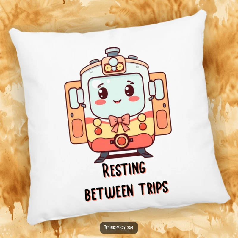 Funny Train Pillow: A bowing train character with open doors offers cozy support and a funny, warm welcome.