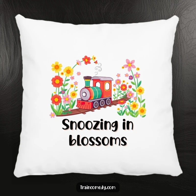 Funny pillow featuring a train happily traveling through a tunnel of colorful flowers, adding a touch of comfort and whimsical garden charm.
