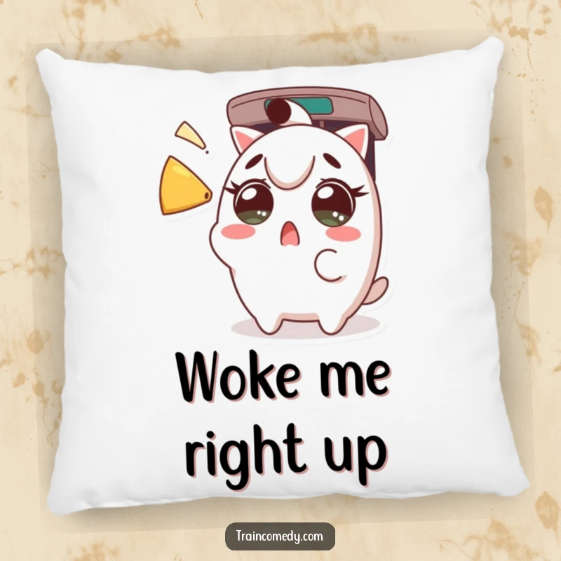 Funny Pillow: Cute Kawaii character with wide eyes reacting to a loud train horn, perfect for cozy surprises, a funny gift.