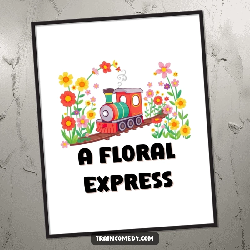Funny digital art print of a train happily chugging through a tunnel of colorful flowers, bringing instant cheer and vibrant beauty to any digital display.