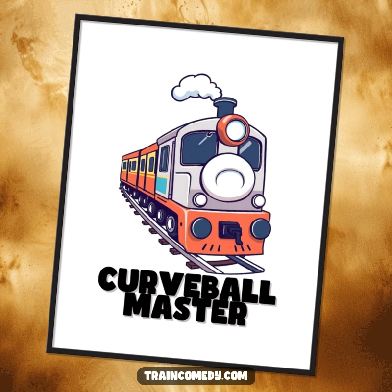 A determined train navigating a sharp curve, delivered as a digital art print for instant, humorous decor. Fun funny gift.